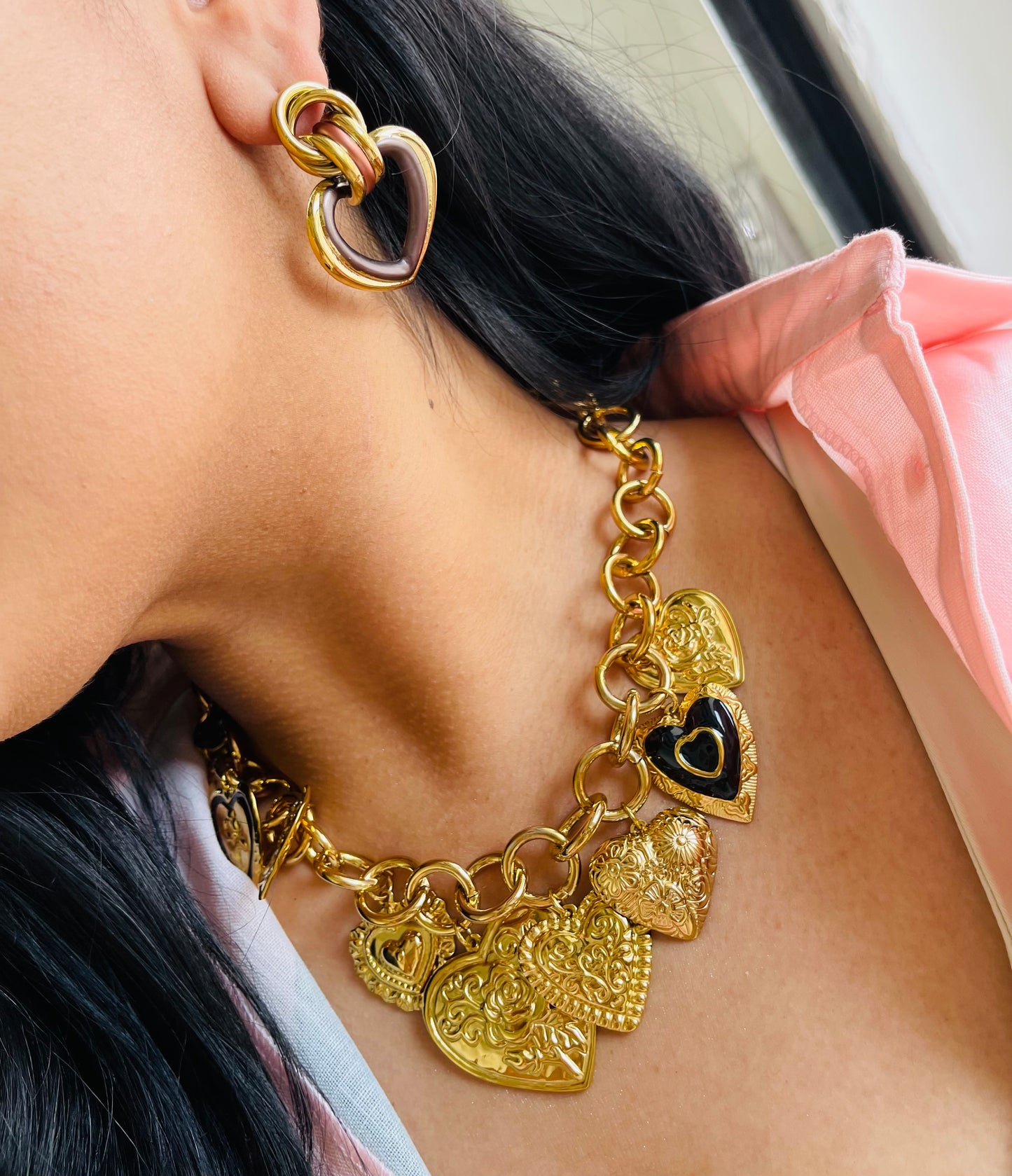 Collar Corazón Flor Negro