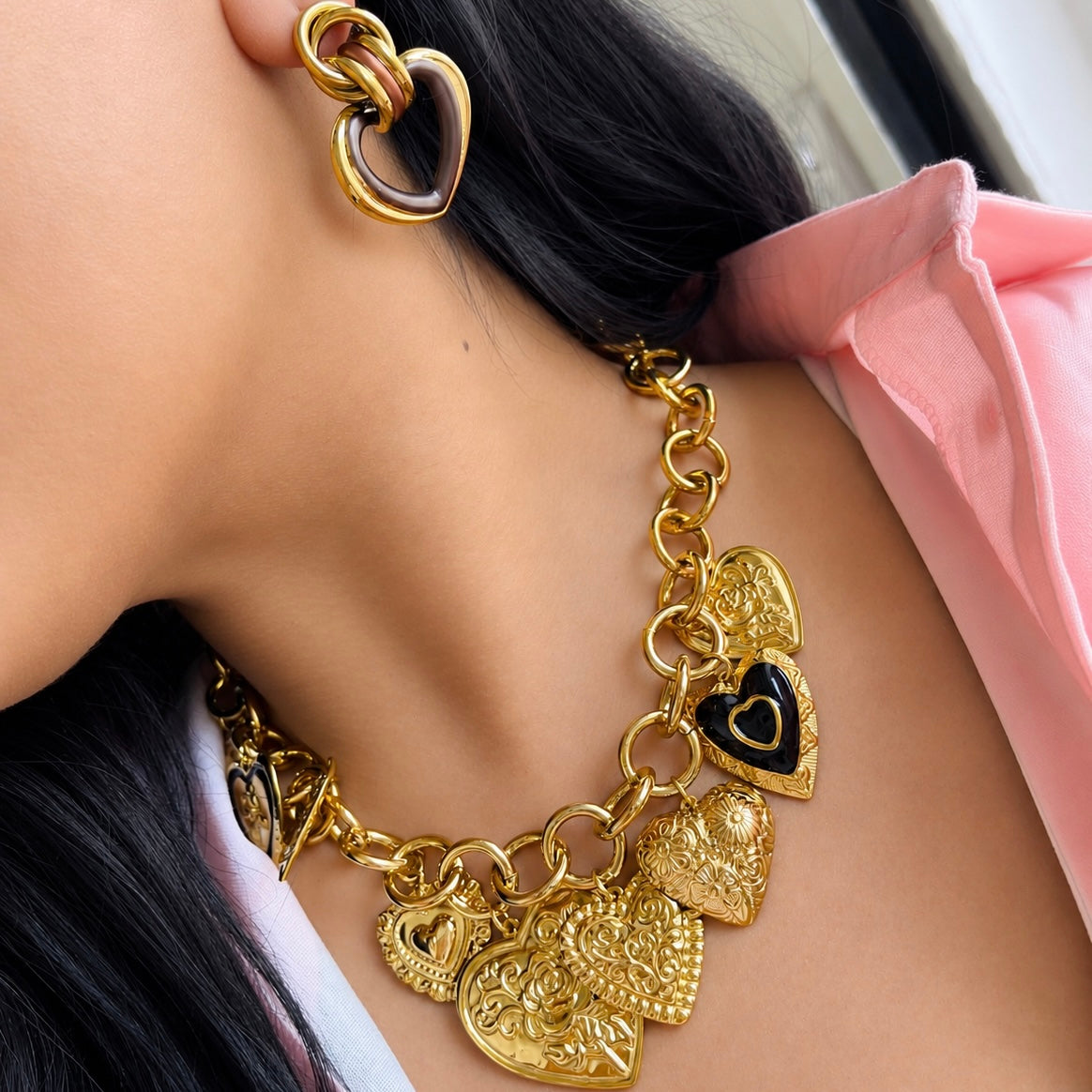 Collar Corazón Flor Negro