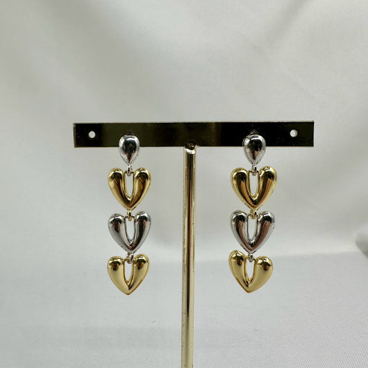 Aretes 3 corazones bicolor