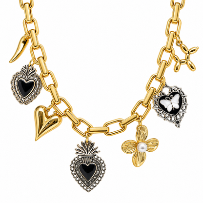 Cadena Corazón Negro y Dijes