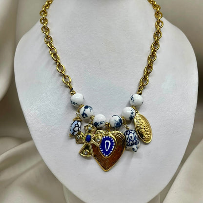 Collar Vintage Corazón y Cruz Azul