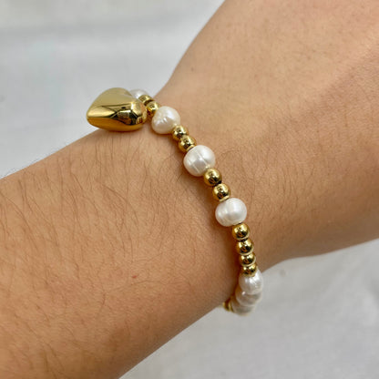 Pulsera perla acero corazón