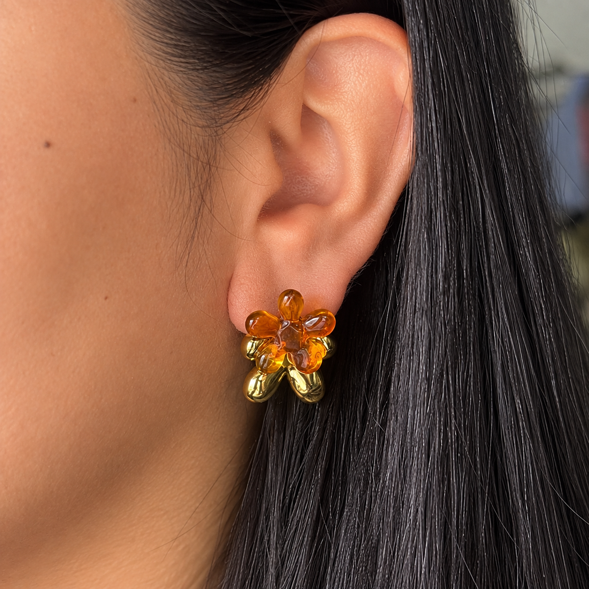 Aretes doble Flor Ambar